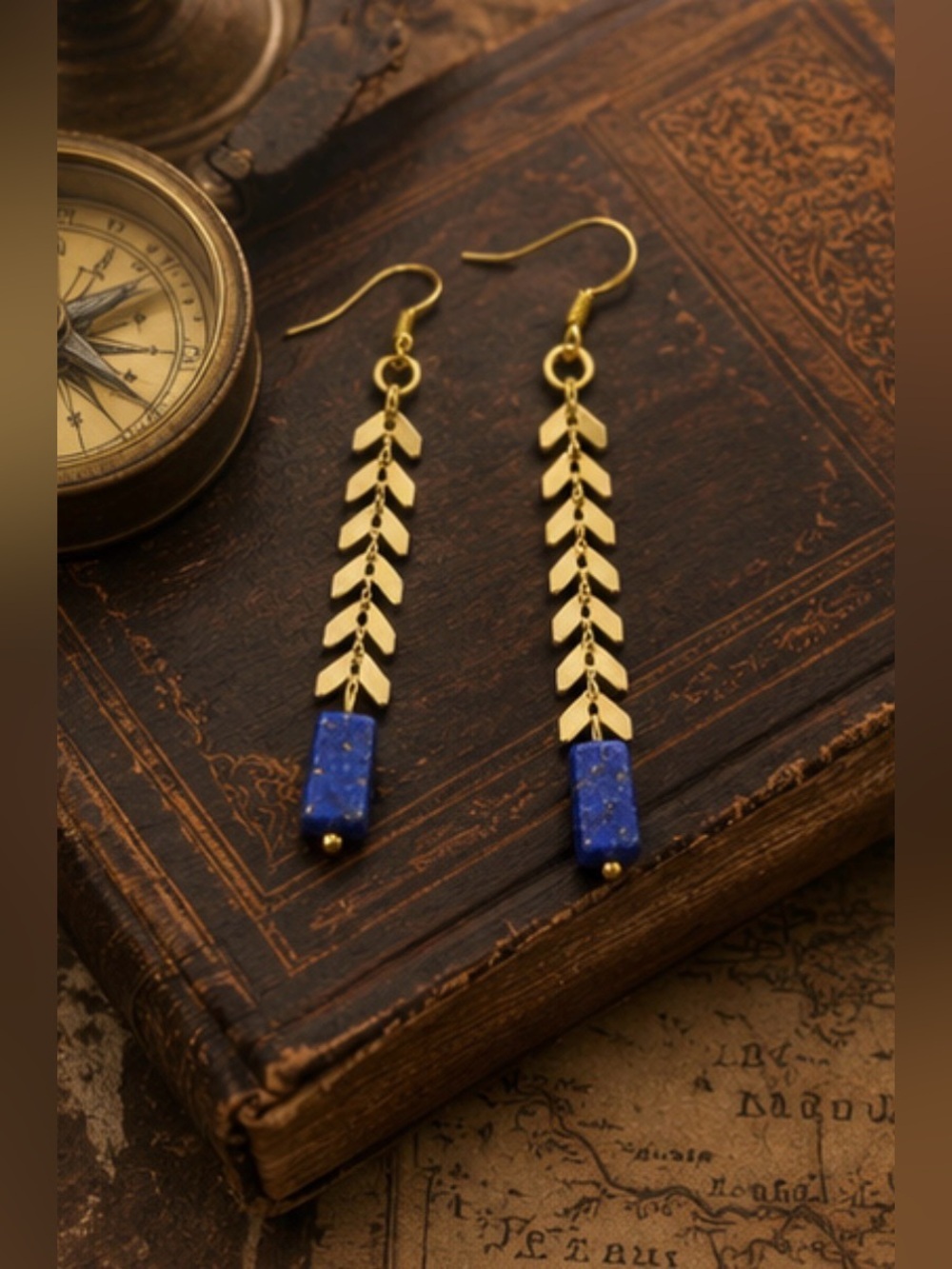 ✨ Handmade Gold-Tone Chain & Blue Stone Drop Earrings ✨